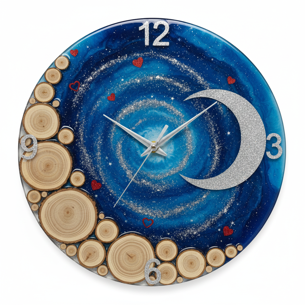 Orologio da parete con solo rondelle di legno naturale in resina epossidica galaxy stellata