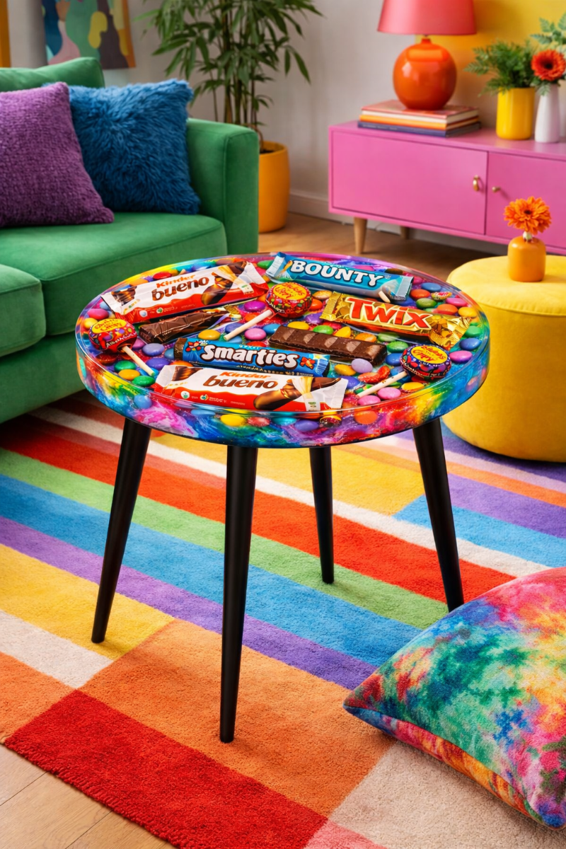 Tavolino Resina Epossidica Smarties - Design Colorato con Dolciumi