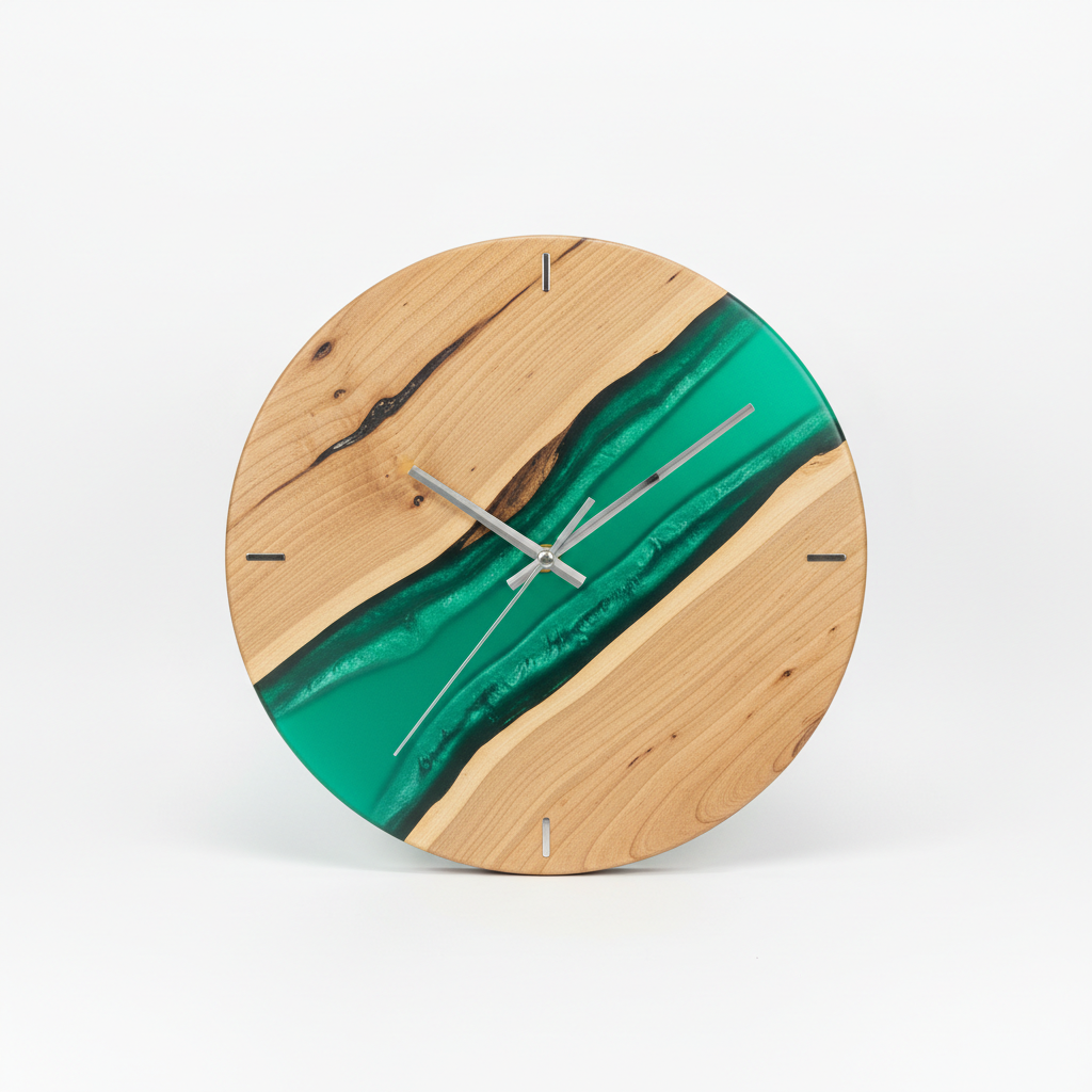 Orologio da parete in legno con resina verde smeraldo