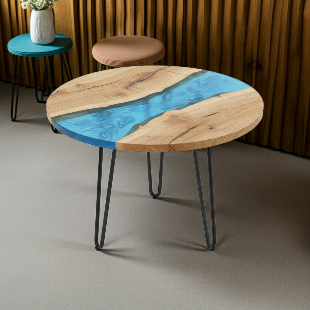 Tavolino da Caffè Rotondo con Fiume di Resina Blu