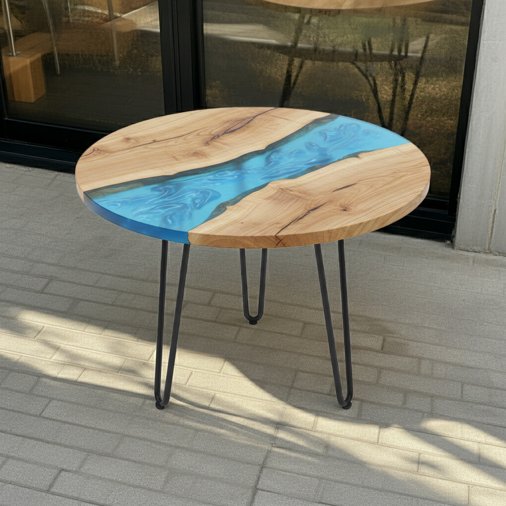 Tavolino da Caffè Rotondo con Fiume di Resina Blu