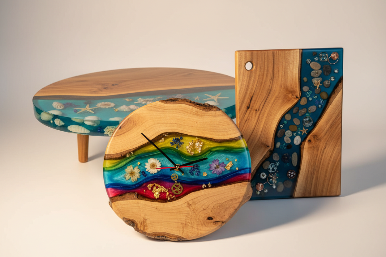 crea nella stessa foto un orologio da parete un tavolino tondo e un tagliere, tutti gli elementi devono avere la caratteristica di essere personalizzati dai clienti che richiedono colate di resina in essi