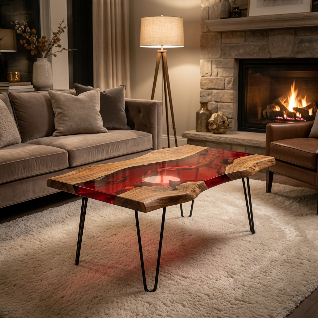 Tavolo in Legno e Resina Rossa - 100x60cm