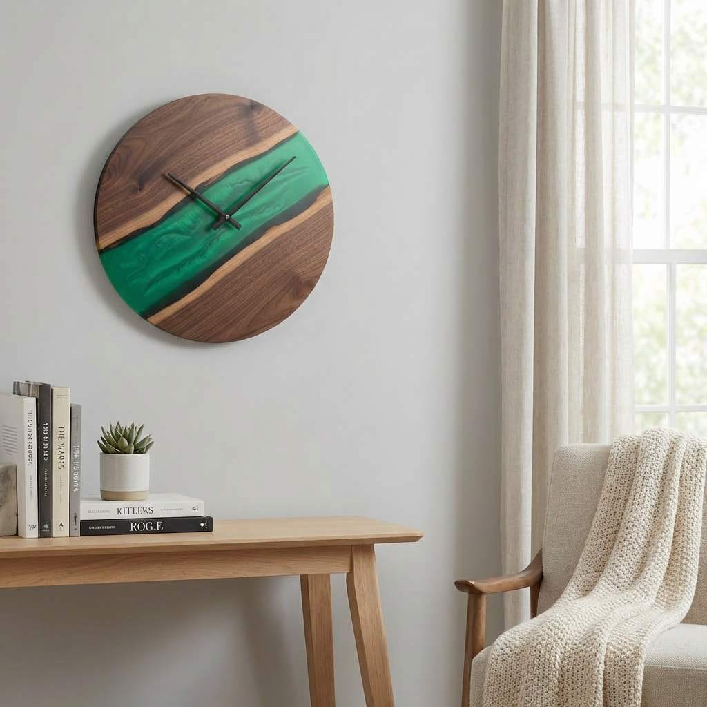 Orologio da Parete in Noce con Resina Verde Smeraldo