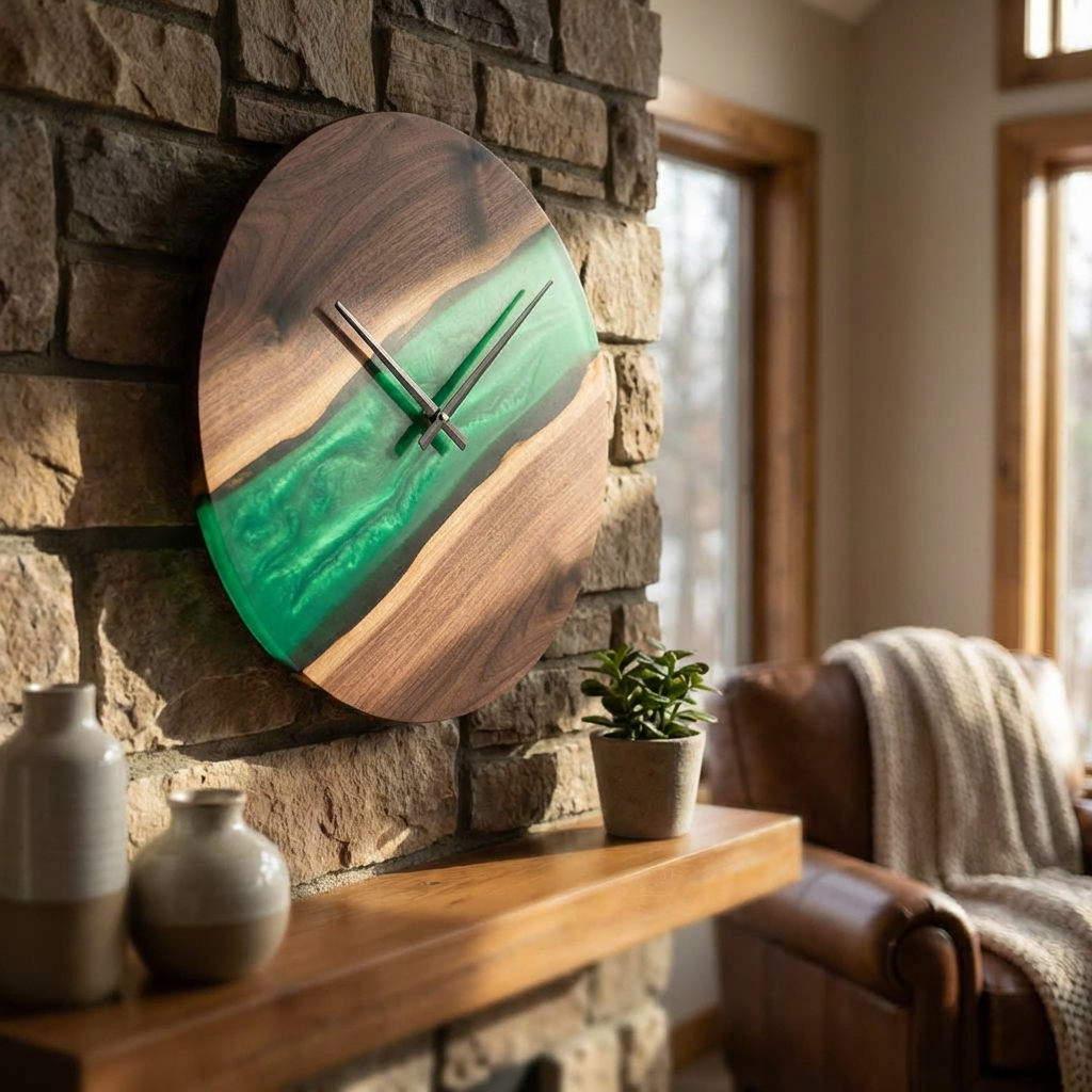 Orologio da Parete in Noce con Resina Verde Smeraldo