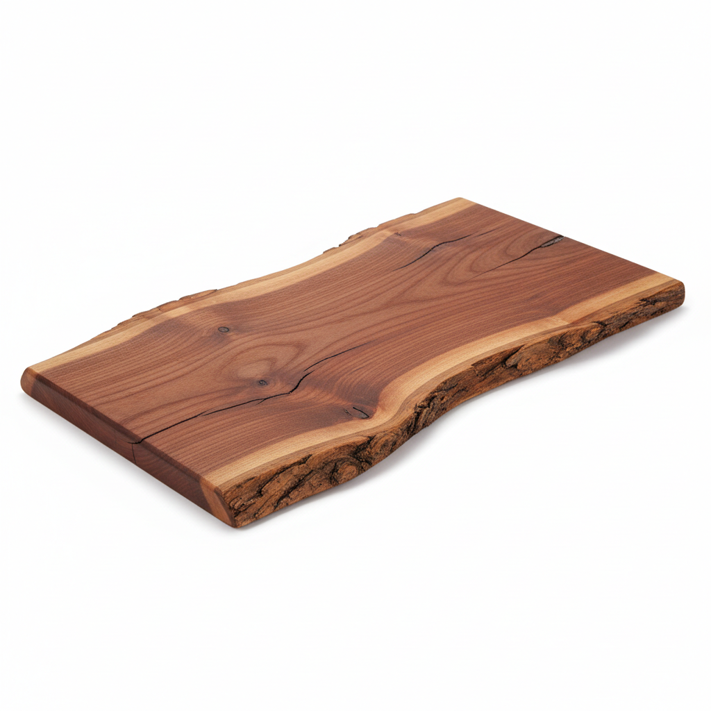 Tagliere rustico con bordo naturale in legno di ciliegio su sfondo bianco