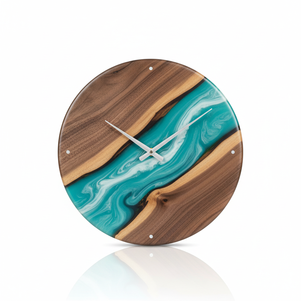 Orologio da parete in legno con resina turchese e bianca