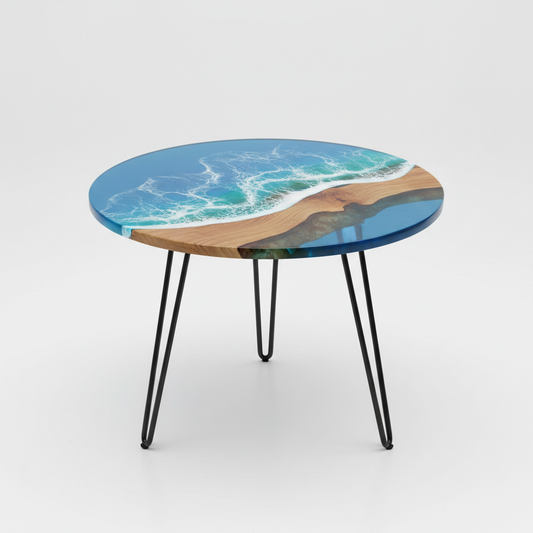 Tavolino da caffè rotondo in legno con resina blu oceano