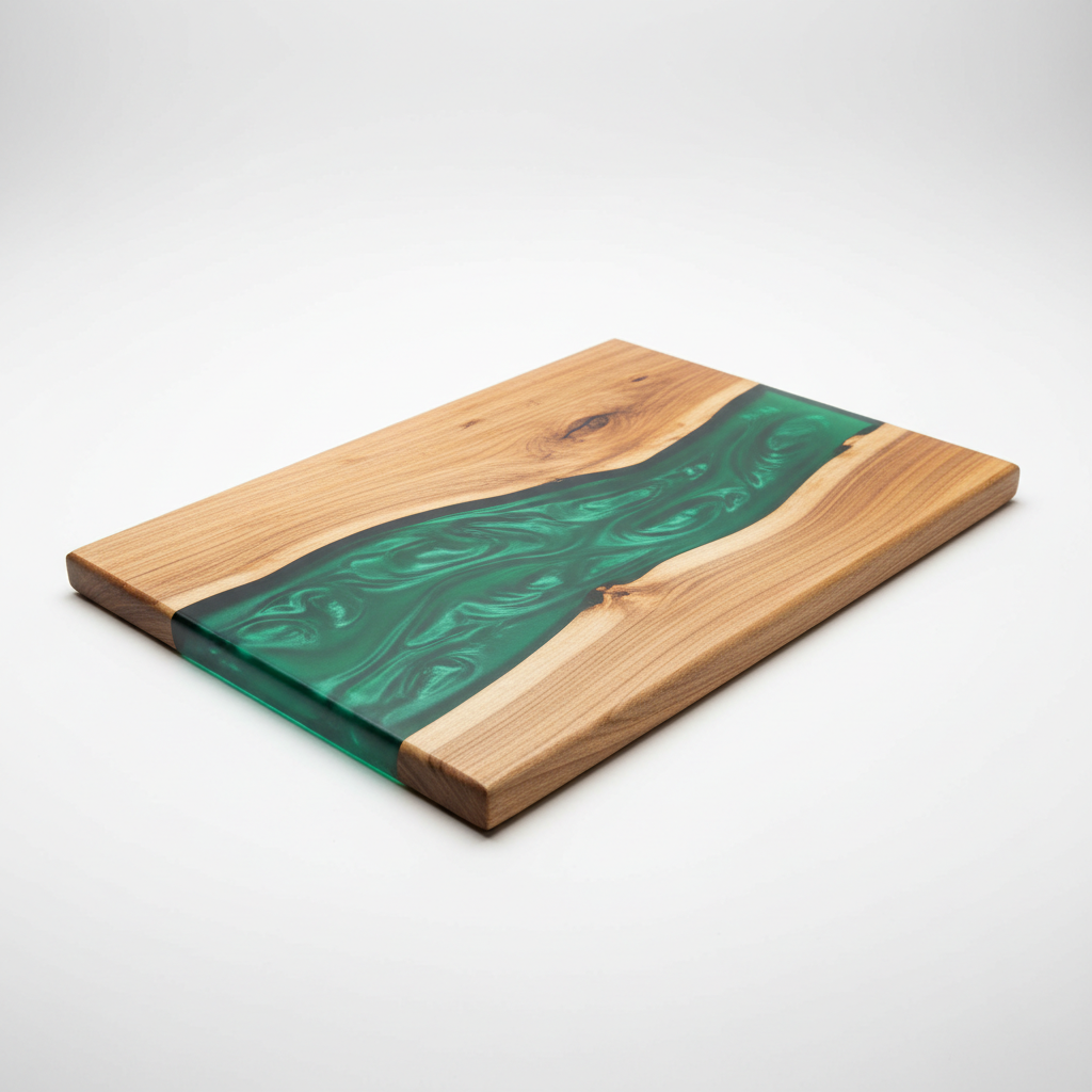 Tagliere in legno con resina verde smeraldo su sfondo bianco