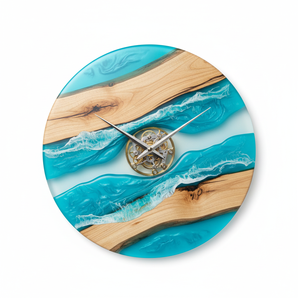 Orologio da parete in legno con resina turchese