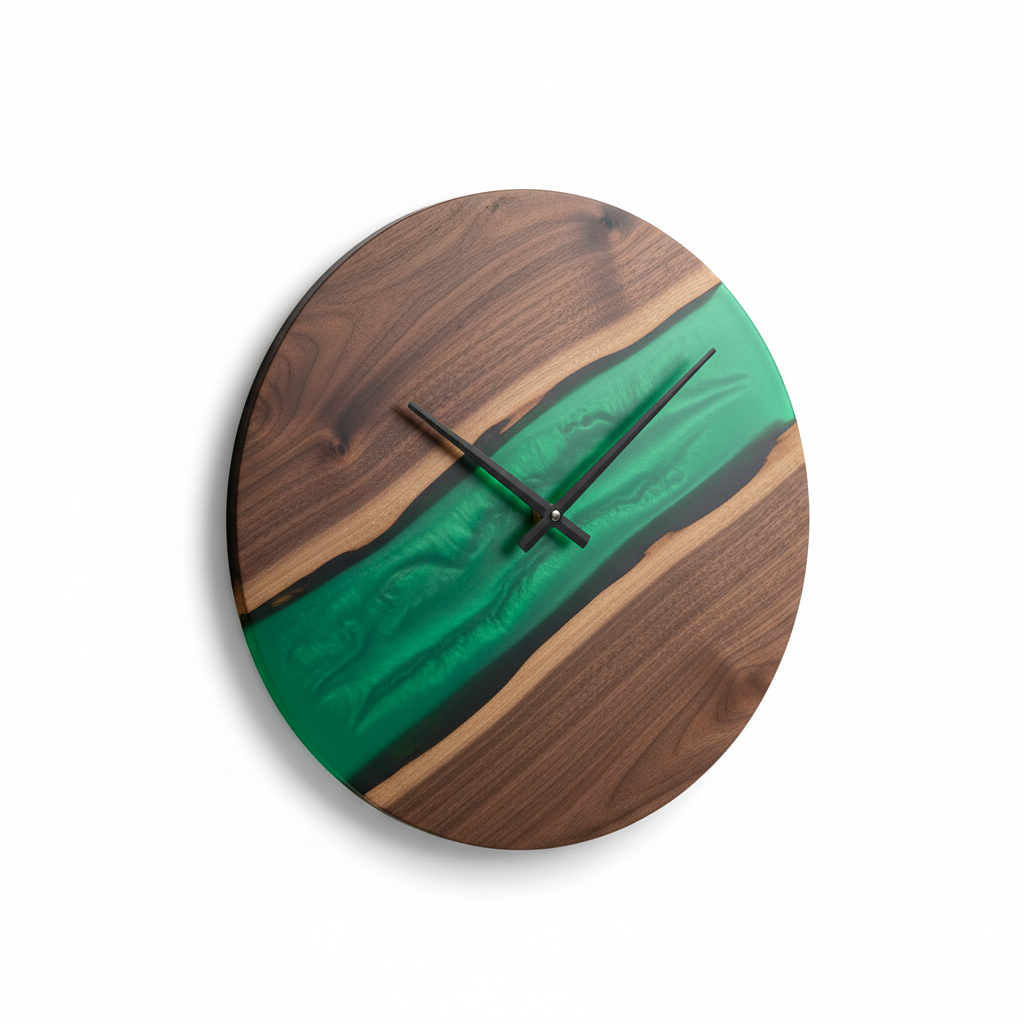 Orologio da parete in noce con resina verde smeraldo