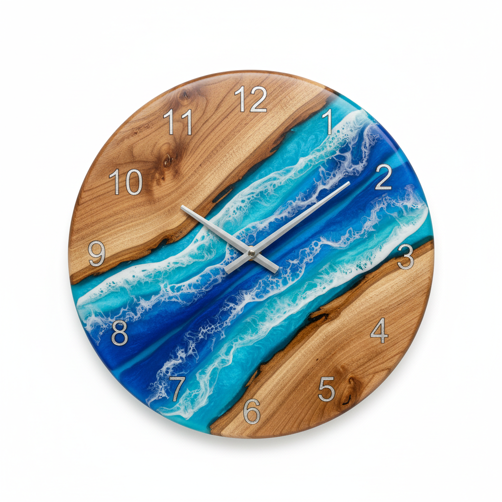 Orologio da parete in legno con resina blu oceano