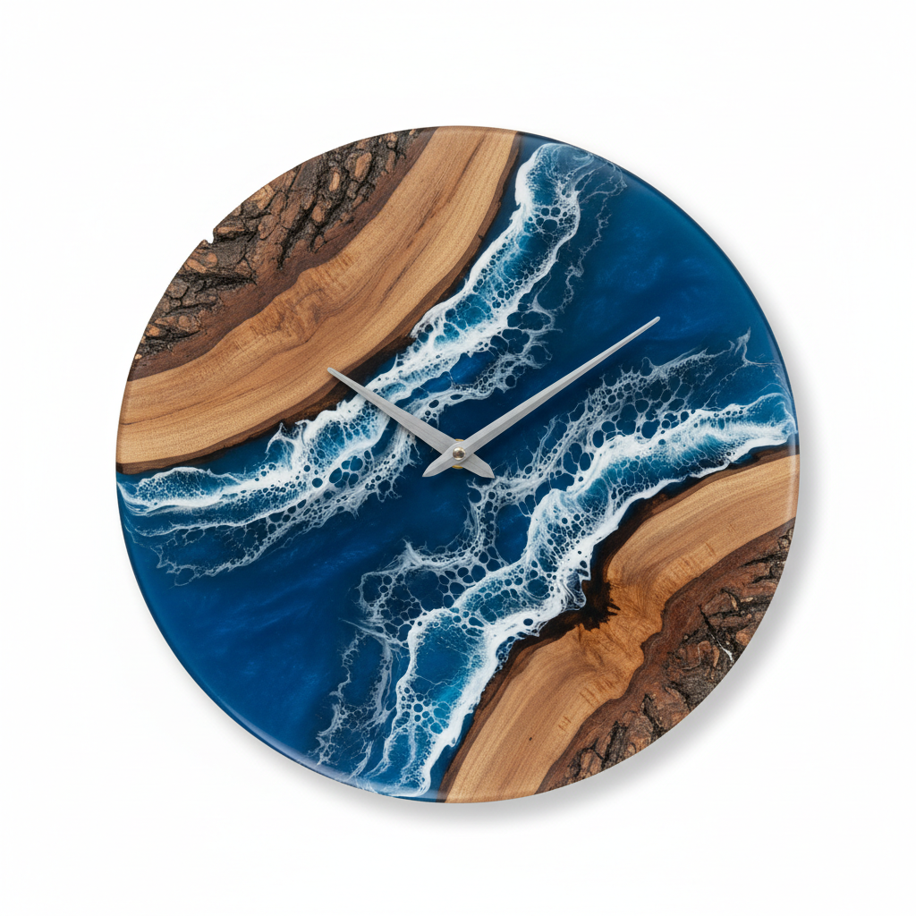 Orologio da parete rustico con bordo naturale e resina blu