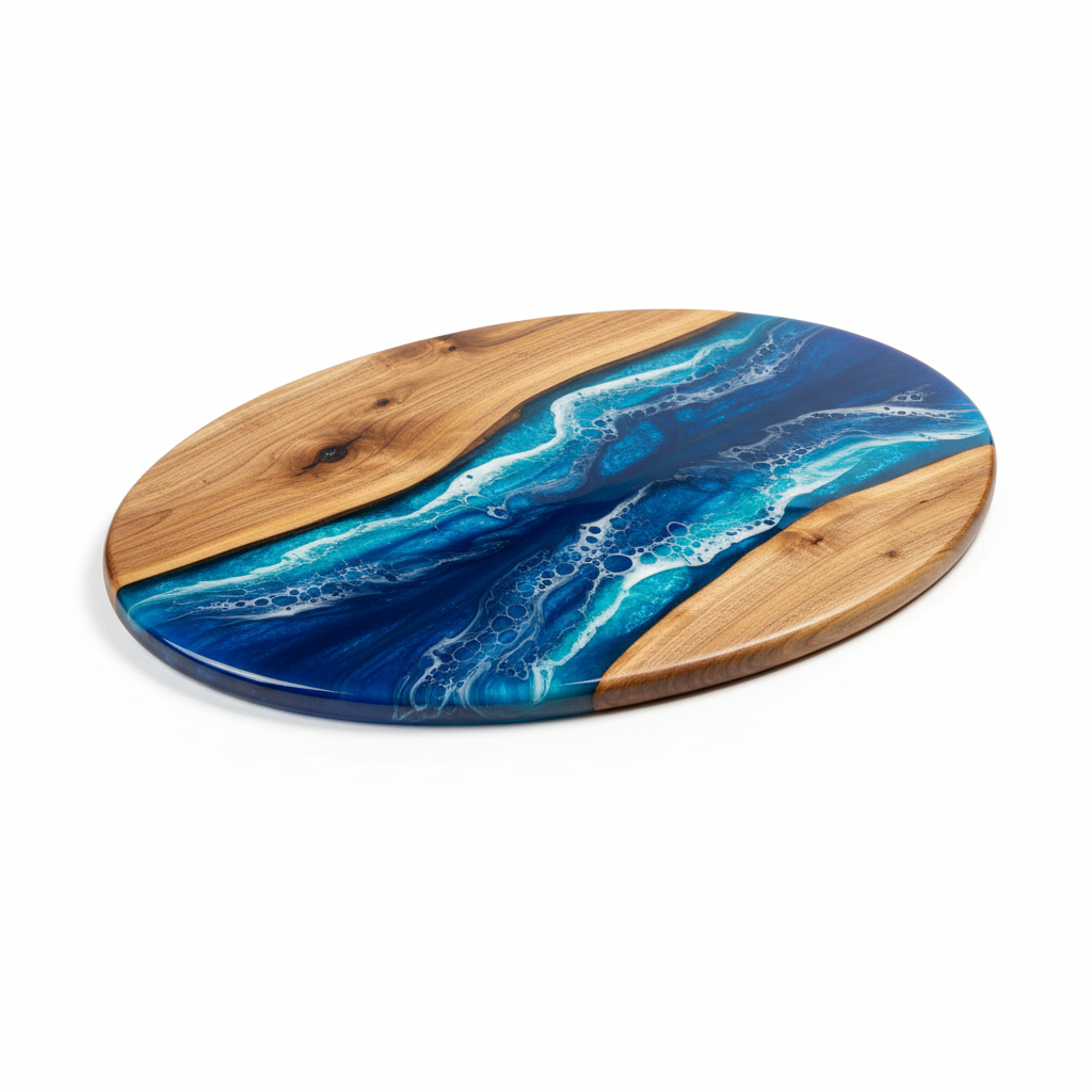 Tagliere ovale in legno con resina blu oceano su sfondo bianco