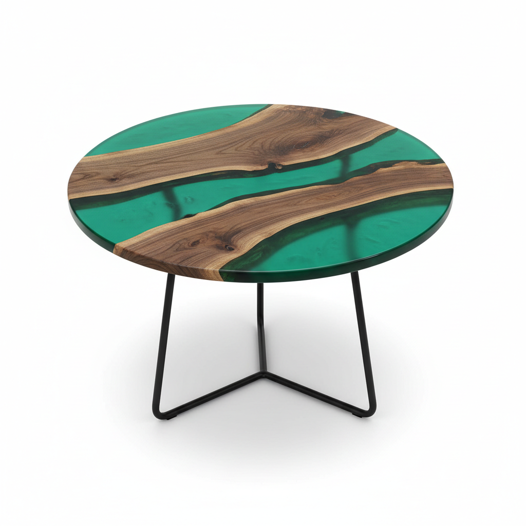 Tavolino da caffè rotondo in legno con resina verde smeraldo