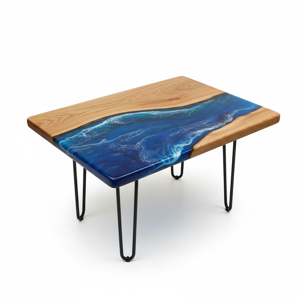 Tavolo in legno e resina blu oceano