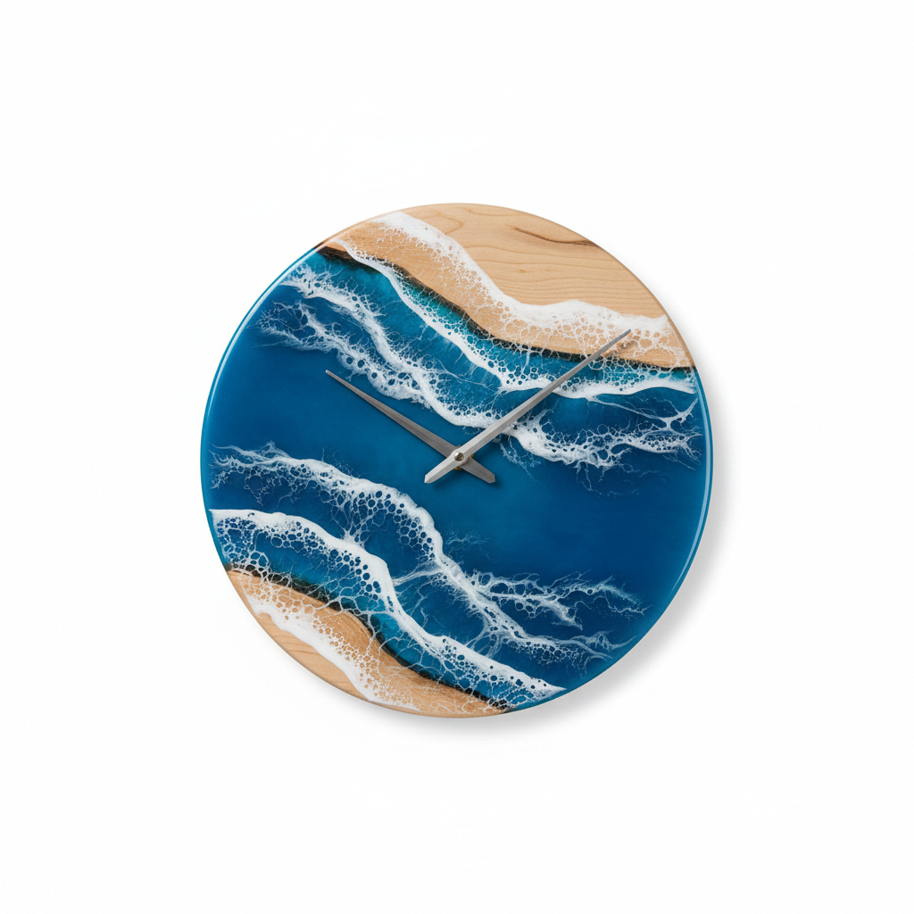 Orologio da parete in legno con onde blu profonde