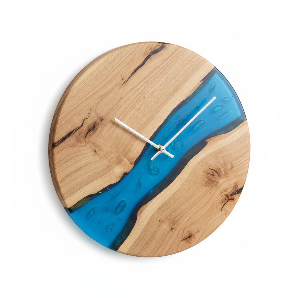 Orologio da parete in legno con fiume di resina blu