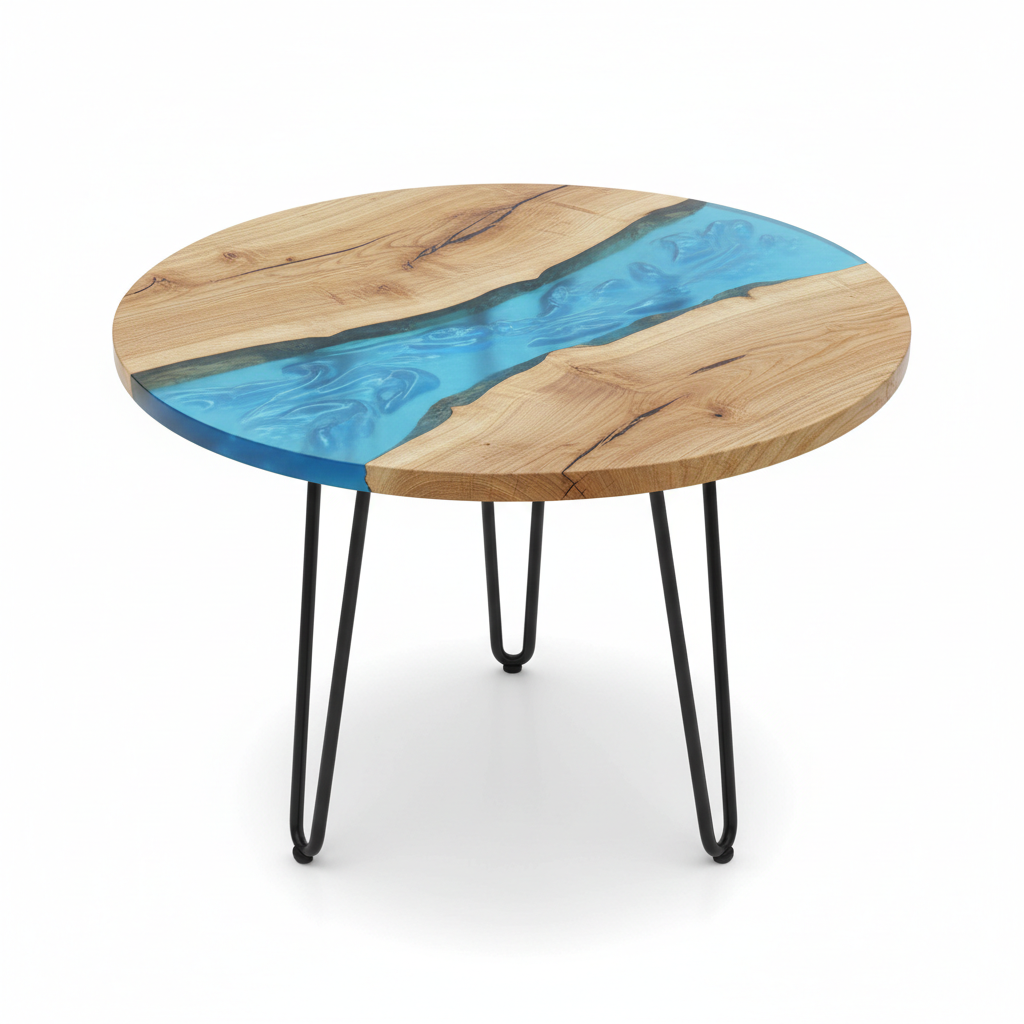 Tavolino da caffè rotondo con fiume di resina blu