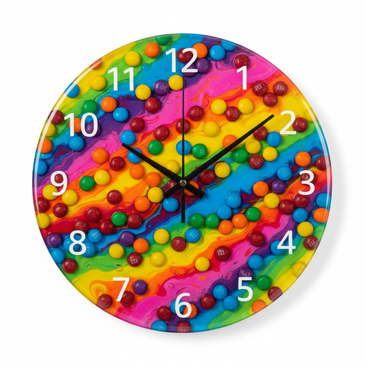 Orologio da parete in resina pop art con Smarties e M&M's incorporati, 37cm di diametro